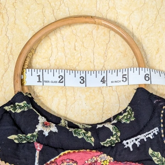 Vintage Hand Beaded Retro Cars Fringe Black Purse Boho Tote Bamboo Handle - Picture 12 of 13